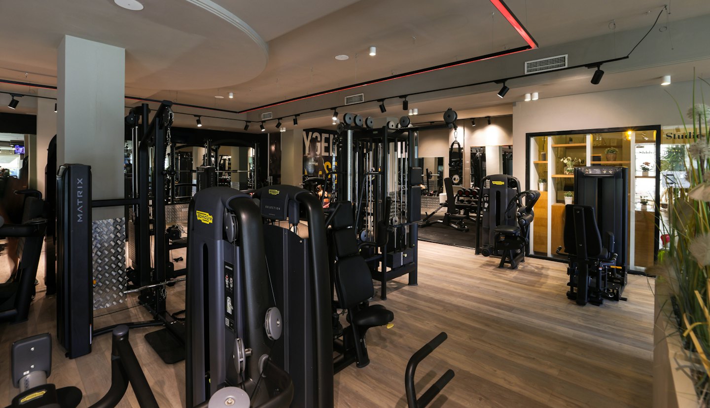 Modern gym interior featuring professional weight machines and exercise equipment.