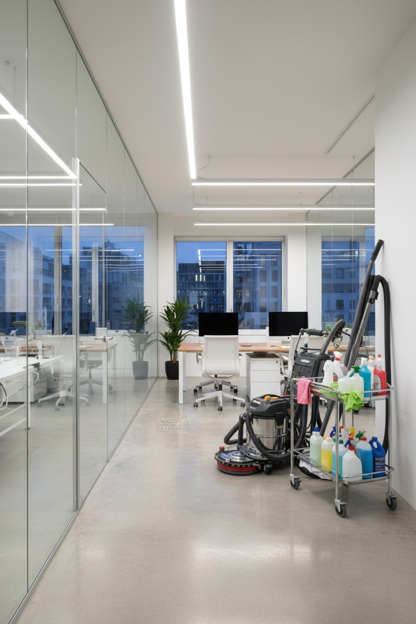 A cleaning cart with supplies and equipment sits in the hallway of a modern office building with glass walls.